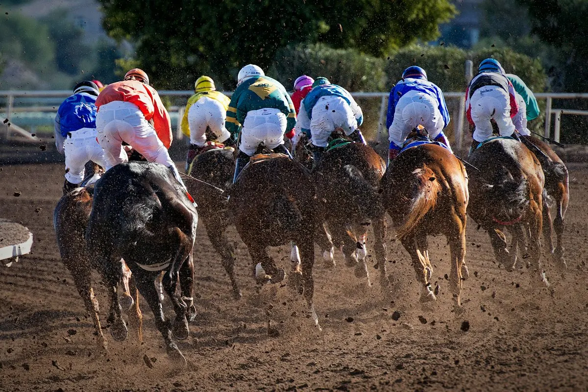 Pack of horses racing on dirt