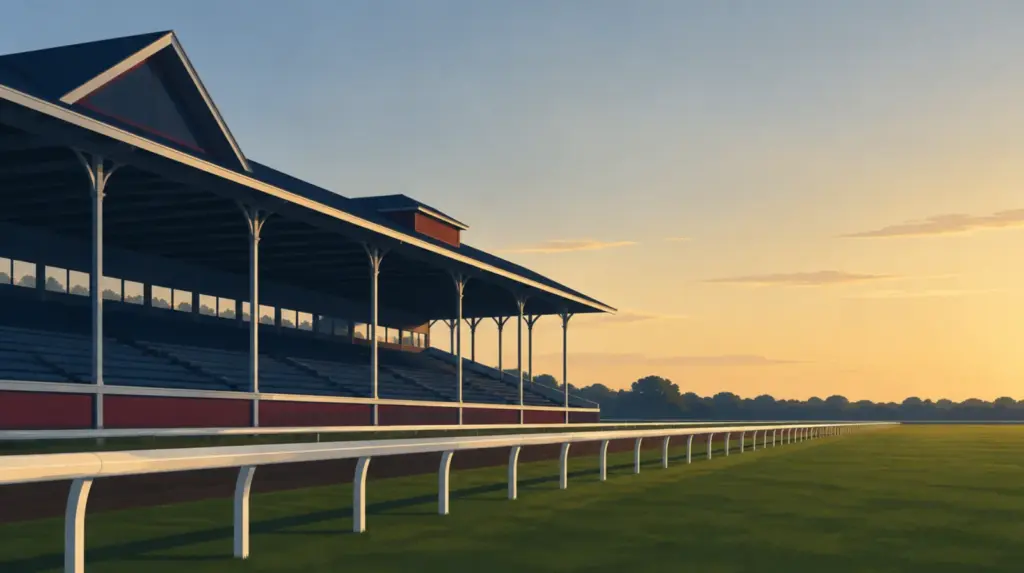 Racetrack grandstand in evening light