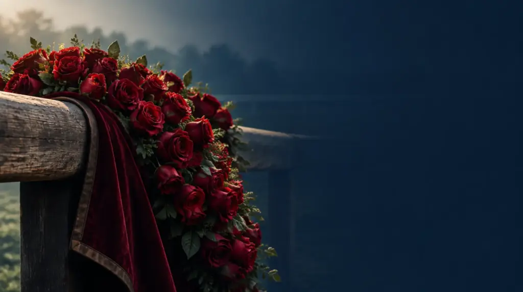 Red roses draped over a rail
