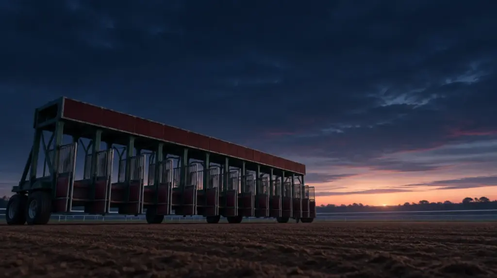 Empty starting gates at dawn