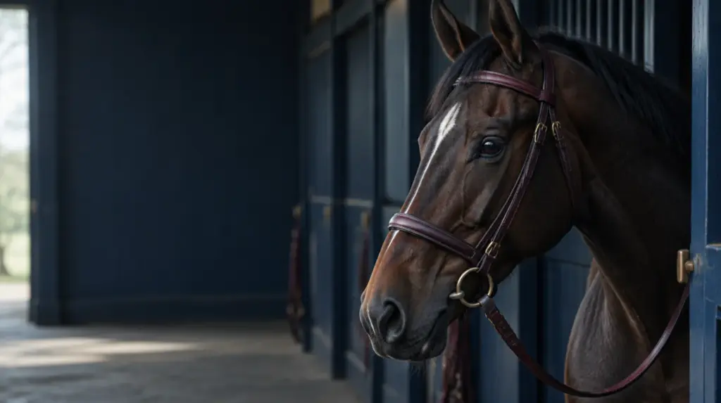 Thoroughbred in a barn aisle
